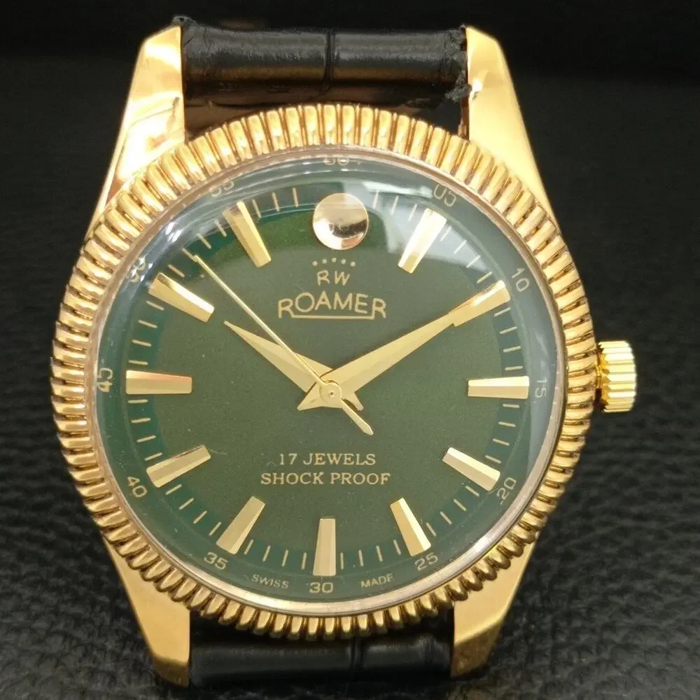 Vintage 1978 Roamer Manual Mens Gold Watch W/Leather Strap & Green accents